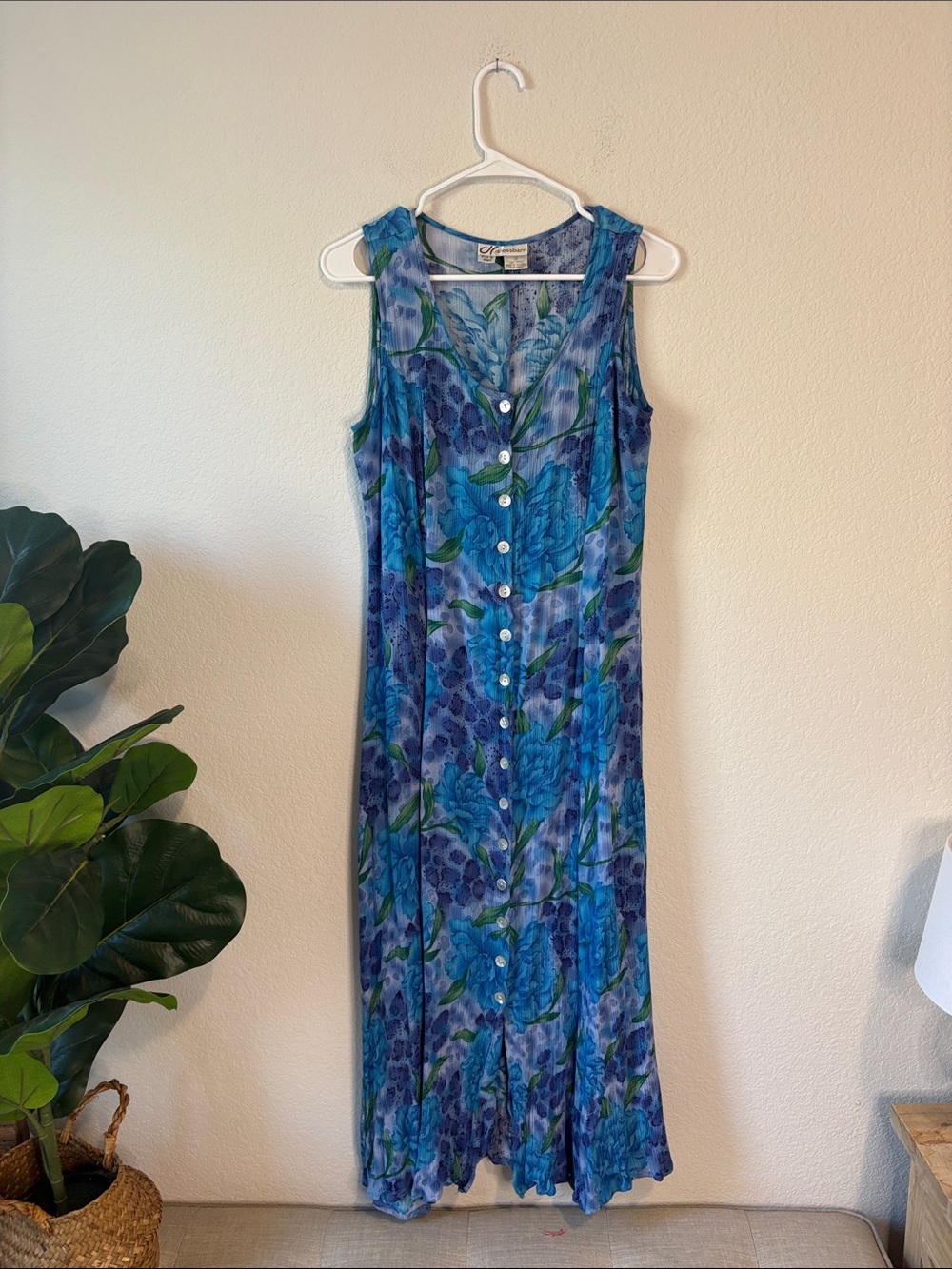 dressbarn Blue and Teal Floral Button-Front Midi Dress